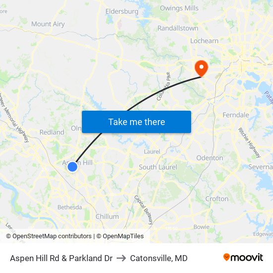 Aspen Hill Rd & Parkland Dr to Catonsville, MD map