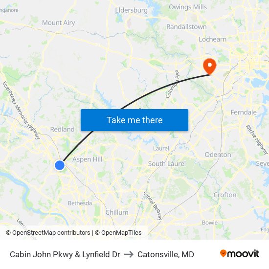 Cabin John Pkwy & Lynfield Dr to Catonsville, MD map