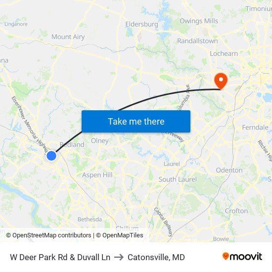 W Deer Park Rd & Duvall Ln to Catonsville, MD map