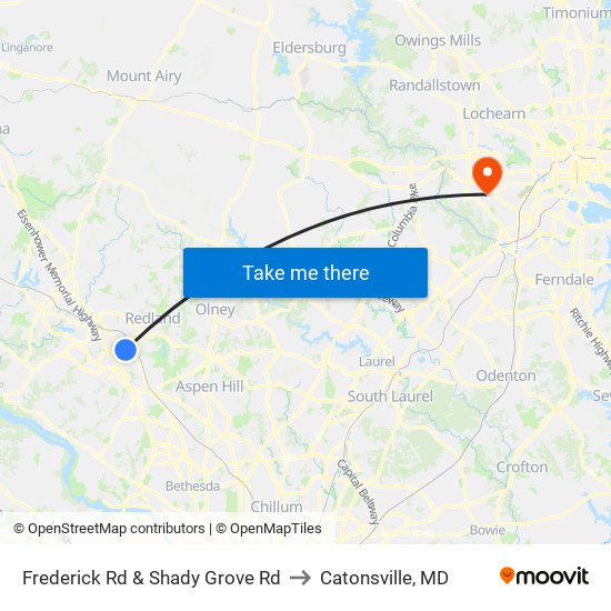 Frederick Rd & Shady Grove Rd to Catonsville, MD map