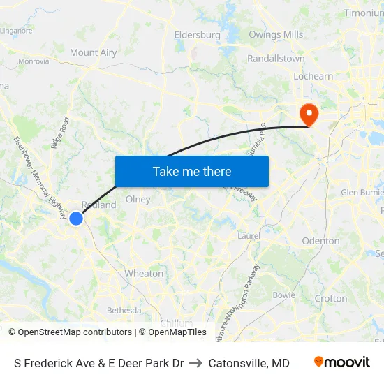 S Frederick Ave & E Deer Park Dr to Catonsville, MD map