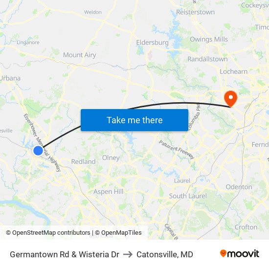 Germantown Rd & Wisteria Dr to Catonsville, MD map