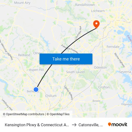 Kensington Pkwy & Connecticut Ave to Catonsville, MD map