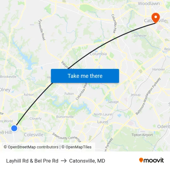 Layhill Rd & Bel Pre Rd to Catonsville, MD map