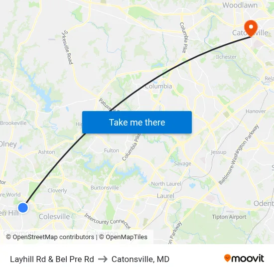 Layhill Rd & Bel Pre Rd to Catonsville, MD map