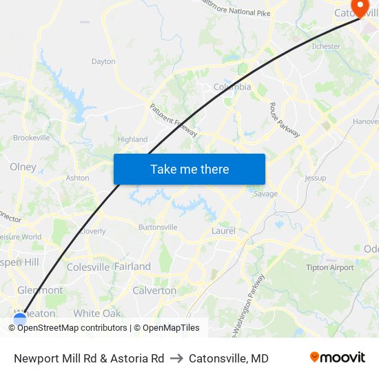 Newport Mill Rd & Astoria Rd to Catonsville, MD map