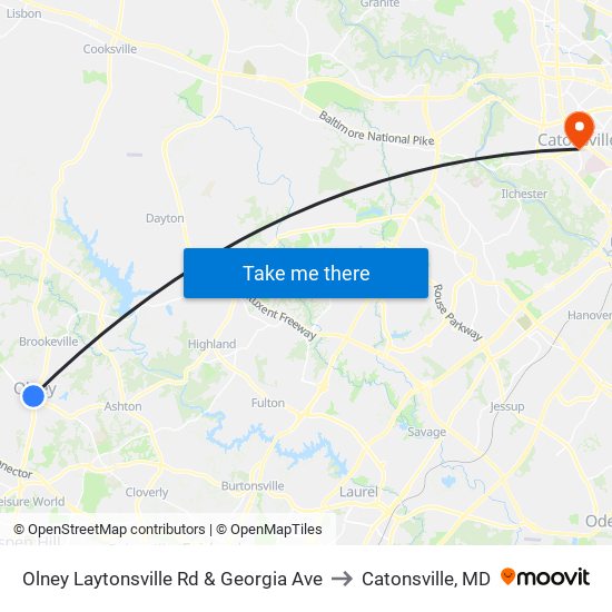 Olney Laytonsville Rd & Georgia Ave to Catonsville, MD map