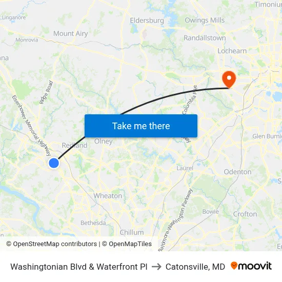 Washingtonian Blvd & Waterfront Pl to Catonsville, MD map