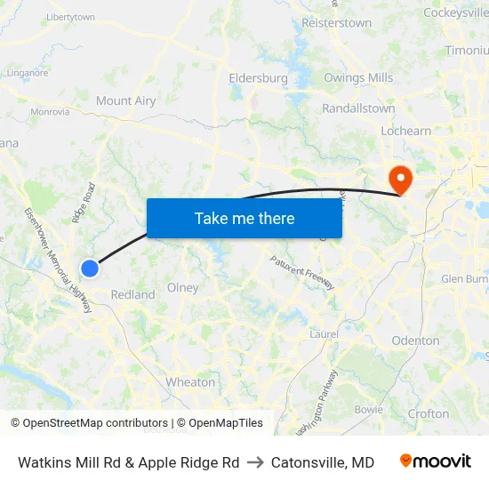 Watkins Mill Rd & Apple Ridge Rd to Catonsville, MD map