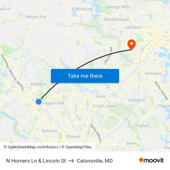 N Horners Ln & Lincoln St to Catonsville, MD map