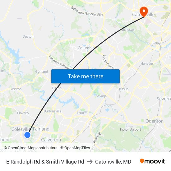 E Randolph Rd & Smith Village Rd to Catonsville, MD map