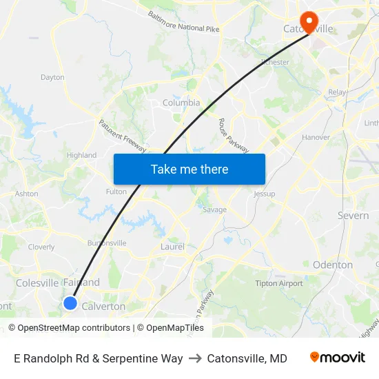 E Randolph Rd & Serpentine Way to Catonsville, MD map