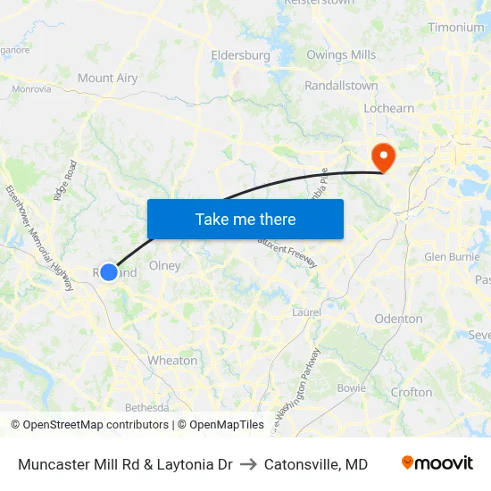 Muncaster Mill Rd & Laytonia Dr to Catonsville, MD map