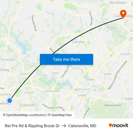 Bel Pre Rd & Rippling Brook Dr to Catonsville, MD map
