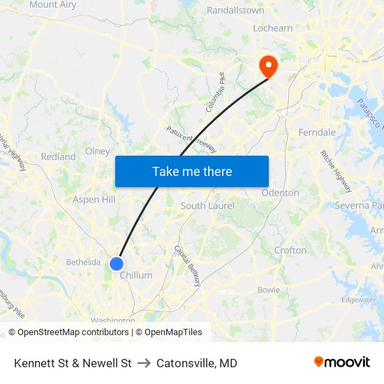 Kennett St & Newell St to Catonsville, MD map