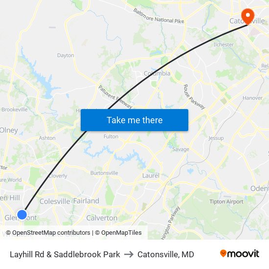 Layhill Rd & Saddlebrook Park to Catonsville, MD map