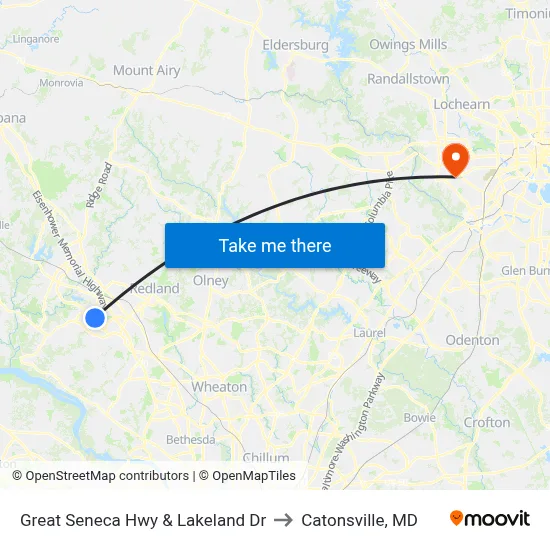 Great Seneca Hwy & Lakeland Dr to Catonsville, MD map