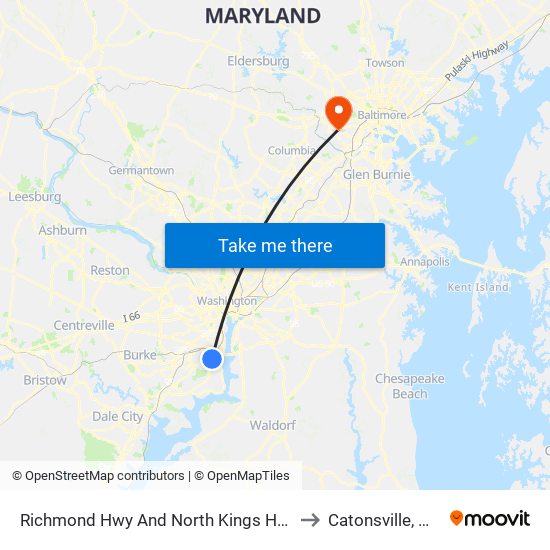 Richmond Hwy And North Kings Hwy to Catonsville, MD map