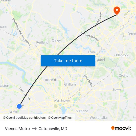 Vienna Metro to Catonsville, MD map