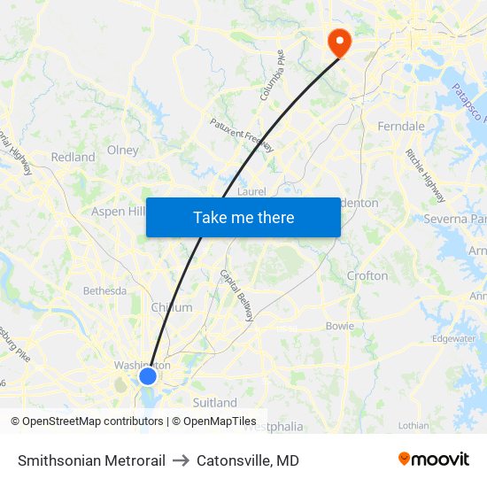 Smithsonian Metrorail to Catonsville, MD map