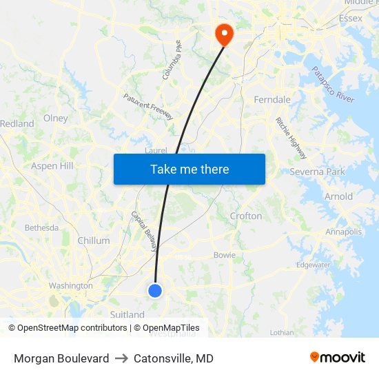 Morgan Boulevard to Catonsville, MD map