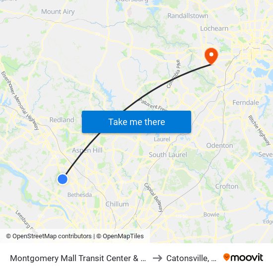 Montgomery Mall Transit Center & Bay E to Catonsville, MD map