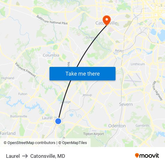 Laurel to Catonsville, MD map