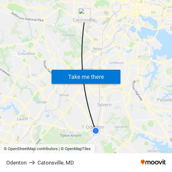 Odenton to Catonsville, MD map