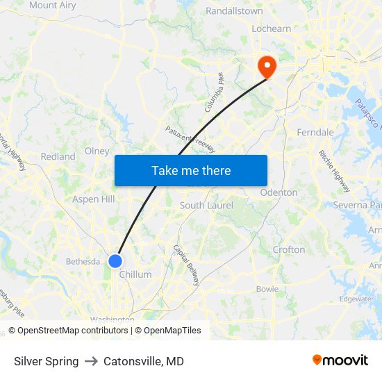 Silver Spring to Catonsville, MD map