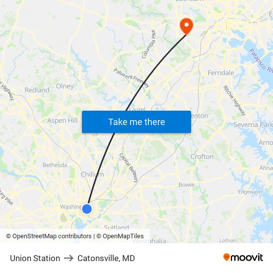 Union Station to Catonsville, MD map