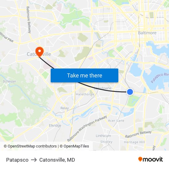 Patapsco to Catonsville, MD map