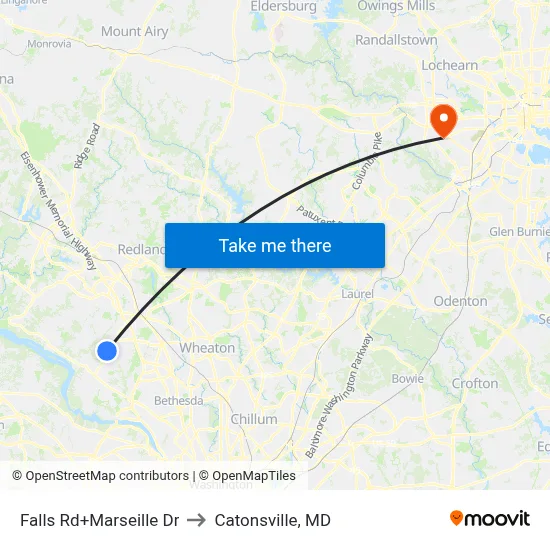 Falls Rd+Marseille Dr to Catonsville, MD map