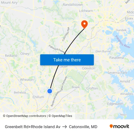 Greenbelt Rd+Rhode Island Av to Catonsville, MD map