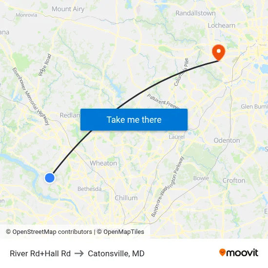 River Rd+Hall Rd to Catonsville, MD map