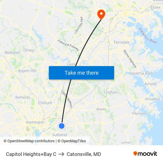 Capitol Heights+Bay C to Catonsville, MD map