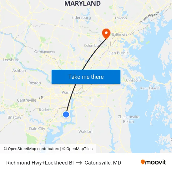 Richmond Hwy+Lockheed Bl to Catonsville, MD map
