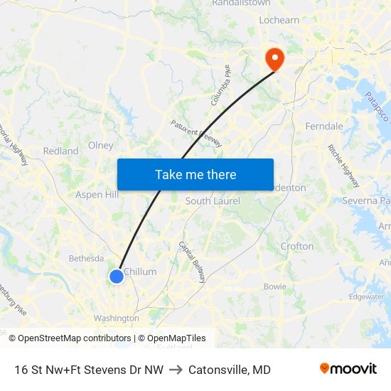 16 St Nw+Ft Stevens Dr NW to Catonsville, MD map