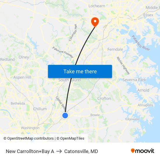 New Carrollton+Bay A to Catonsville, MD map