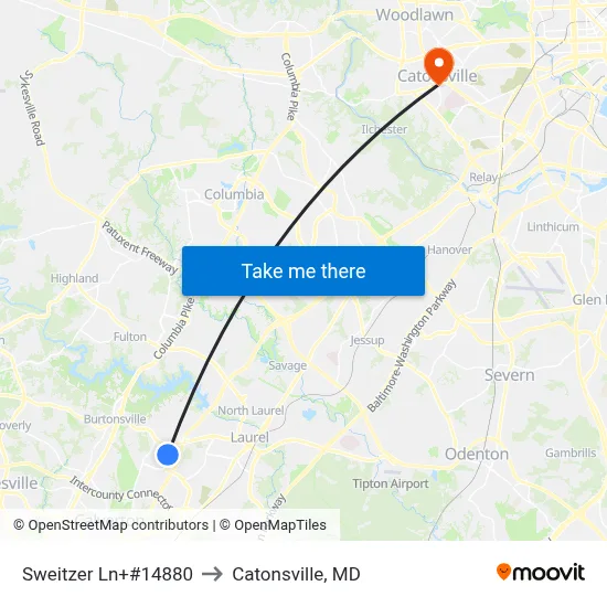 Sweitzer Ln+#14880 to Catonsville, MD map