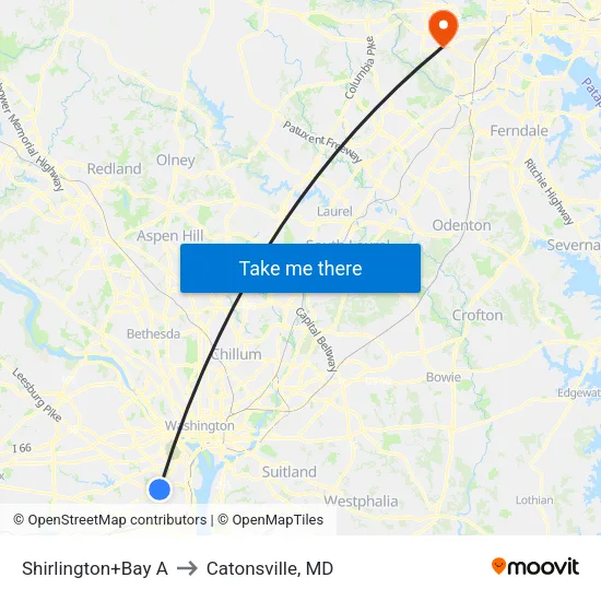 Shirlington+Bay A to Catonsville, MD map