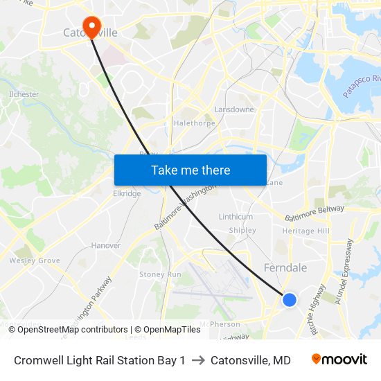 Cromwell Light Rail Station Bay 1 to Catonsville, MD map
