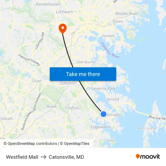 Westfield Mall to Catonsville, MD map