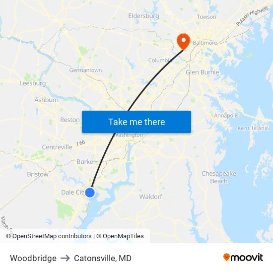 Woodbridge to Catonsville, MD map