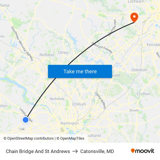 Chain Bridge And St Andrews to Catonsville, MD map
