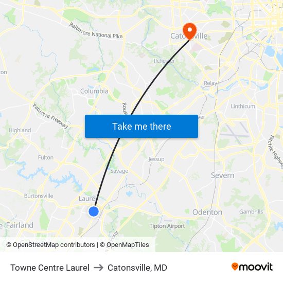 Towne Centre Laurel to Catonsville, MD map