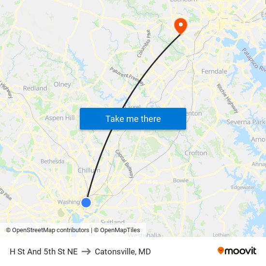 H St And 5th St NE to Catonsville, MD map