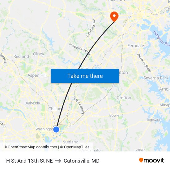 H St And 13th St NE to Catonsville, MD map