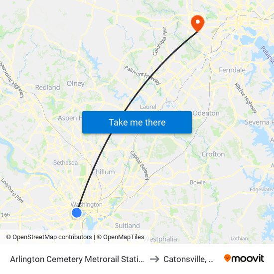 Arlington Cemetery  Metrorail Station to Catonsville, MD map