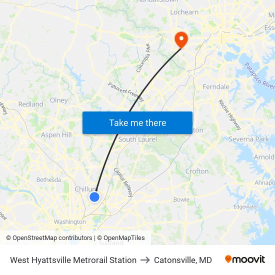 West Hyattsville Metrorail Station to Catonsville, MD map