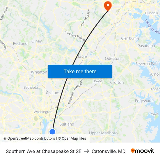 Southern Ave at Chesapeake St SE to Catonsville, MD map